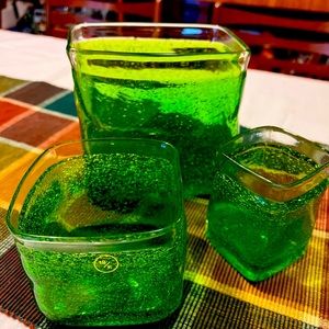 Green hand blown glass vase or planters Vintage and Hard to Find